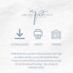 May include: Illustration of a download arrow, a printer, and a picture frame. Text reads: "ARLINGTON PRINTS ART COLLECTIVE DOWNLOAD PRINT FRAME Print from the comfort of your home, through an online service, or at a local print shop. Frame it yourself for a personal touch, or opt for professional framing - the choice is entirely yours!"