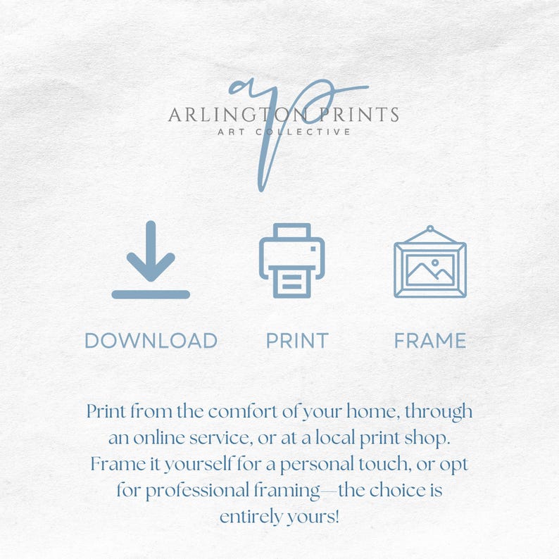 May include: Illustration of a download arrow, a printer, and a picture frame. Text reads: "ARLINGTON PRINTS ART COLLECTIVE DOWNLOAD PRINT FRAME Print from the comfort of your home, through an online service, or at a local print shop. Frame it yourself for a personal touch, or opt for professional framing - the choice is entirely yours!"