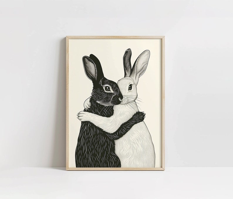 Rabbit Art Print, Rustic Cottage Aesthetic, Bunnies, Farmhouse Nursery, Instant Download, Poster Print, Rabbit Artwork, Folk Art Printable, Hygge Art, Scandinavian Minimalist, Black and White, Monochrome, Modern Art, Friendship, Vintage Illustration