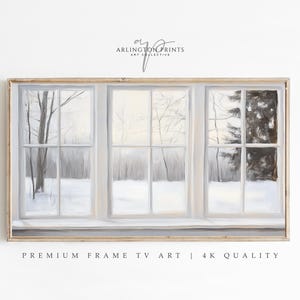 Samsung Frame TV art depicting a realistic painted window view of a serene winter landscape. Soft light filters through frosted glass panes, revealing snow-covered trees and a peaceful gray-and-white forest scene outside. The brushstrokes create a cozy, minimalist atmosphere perfect for modern farmhouse or winter home décor.