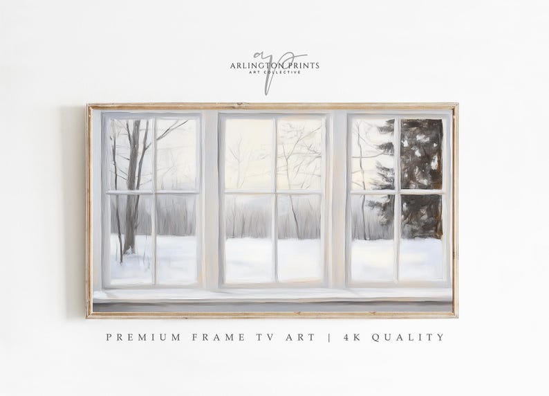 Samsung Frame TV art depicting a realistic painted window view of a serene winter landscape. Soft light filters through frosted glass panes, revealing snow-covered trees and a peaceful gray-and-white forest scene outside. The brushstrokes create a cozy, minimalist atmosphere perfect for modern farmhouse or winter home décor.