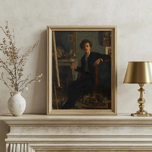 May include: A framed oil painting of a man sitting in a chair in a room with a fireplace. The man is wearing a dark suit and a white shirt. He is holding a cigarette in his right hand and looking at the viewer. The painting is set against a light beige wall.