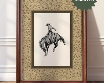 Cowboy Art Print, Bucking Bronco Western Wall Art, Rustic Farmhouse Decor, Retro Rodeo Sketch Digital Download, Vintage Farmhouse Art | A08