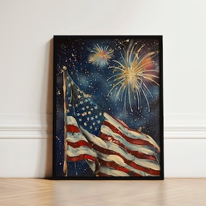 4th of July Vintage Wall Art, Printable American Flag and Fireworks Print