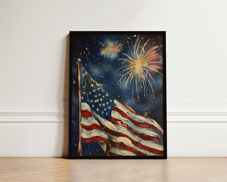 4th of July Vintage Wall Art, Printable American Flag and Fireworks Print