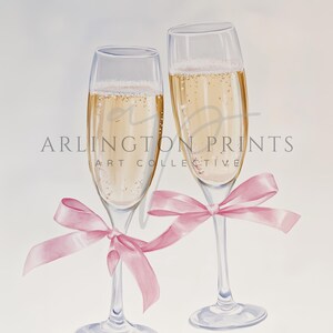 Two elegant champagne glasses filled with bubbly golden champagne, each tied with a soft pink satin ribbon, minimal neutral background, romantic celebration artwork