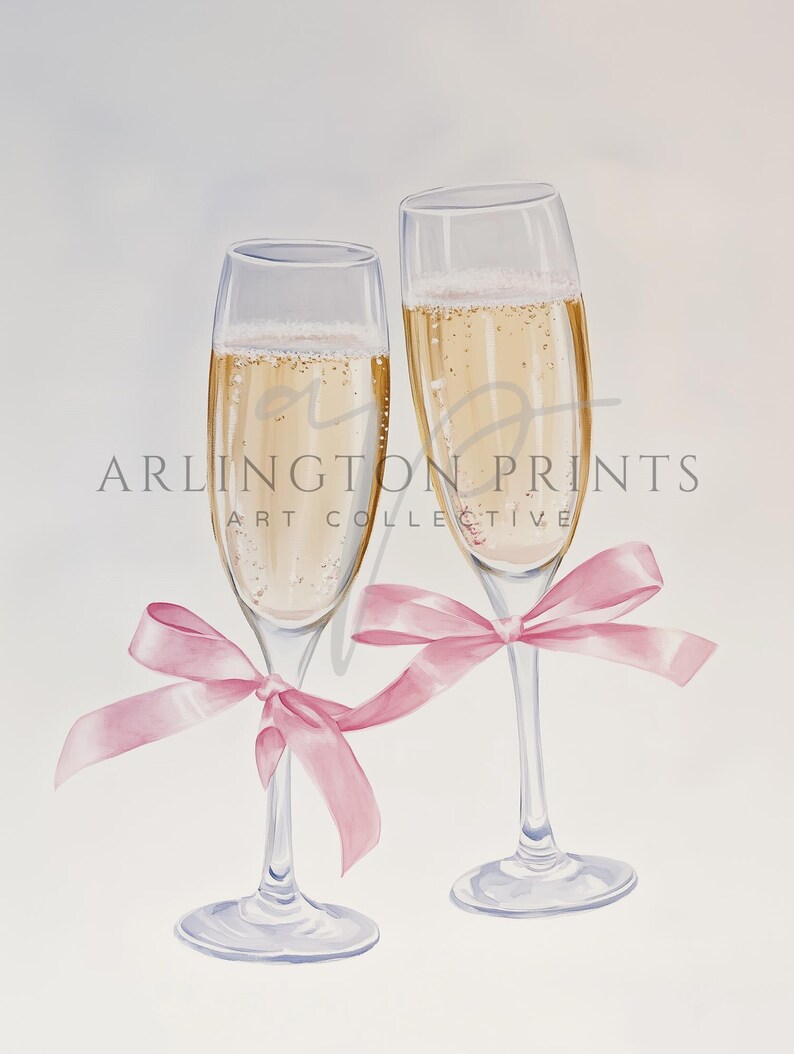 Two elegant champagne glasses filled with bubbly golden champagne, each tied with a soft pink satin ribbon, minimal neutral background, romantic celebration artwork