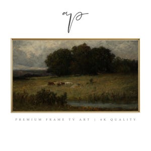Samsung Frame TV Art, Dark Landscape Oil Painting, Moody Grazing Cows Frame TV Art, Cottagecore Art, Farmhouse Screensaver #8008