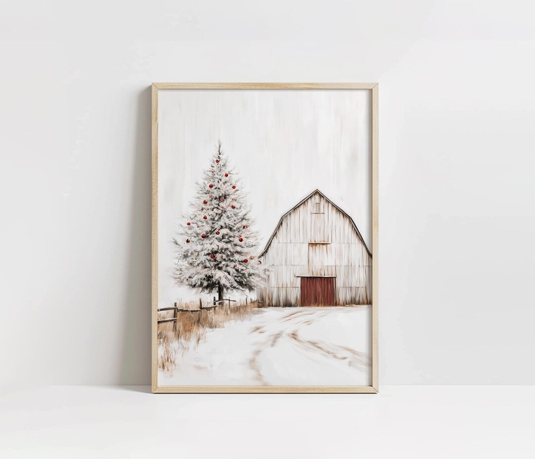 Rustic White Christmas Barn Painting, PRINTABLE Winter Wall Art ...