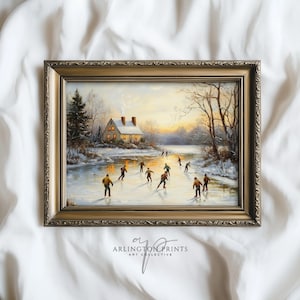 Vintage Winter Ice Skating Oil Painting, Rustic Seasonal Home Decor, Printable Scenic Landscape Christmas Decor, Digital Download A46
