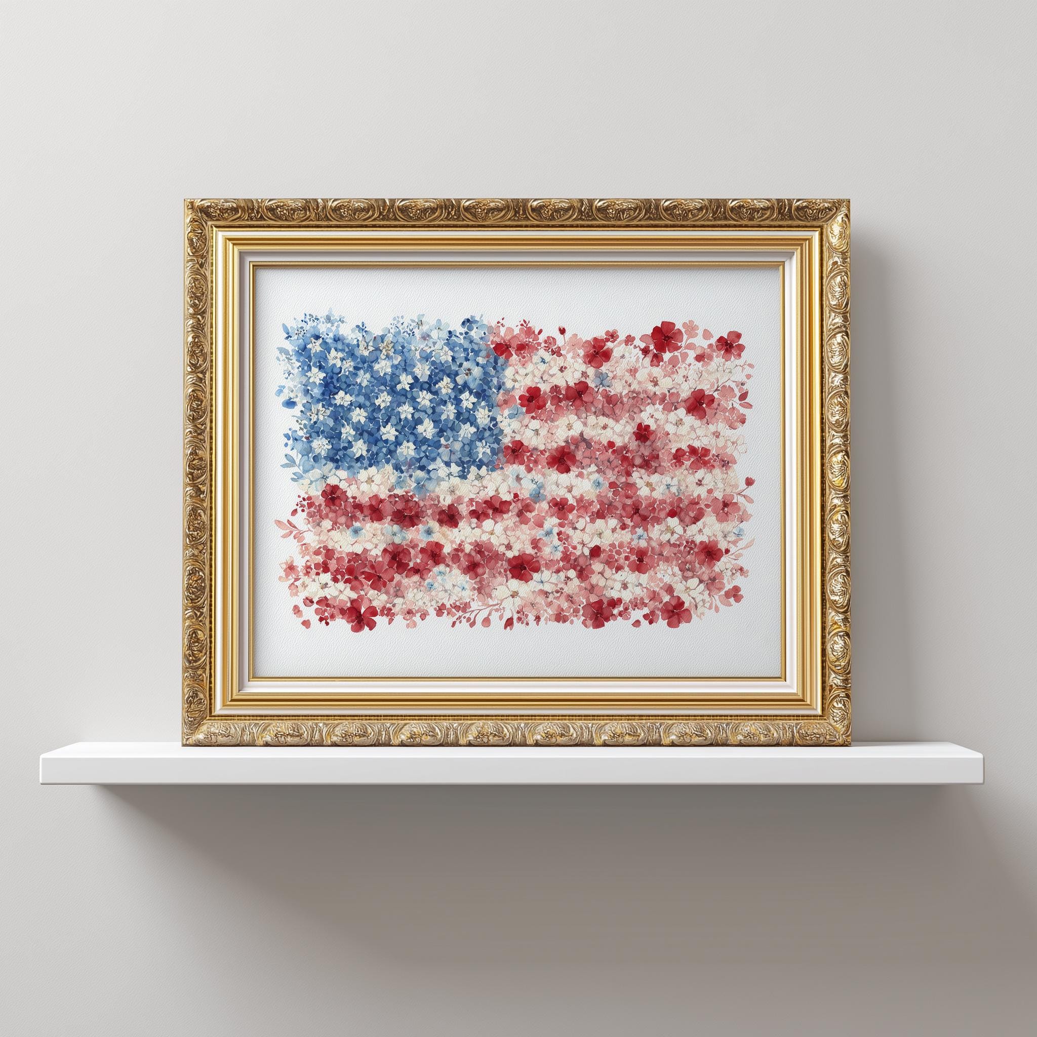 ワイルドフラワーのアメリカ国旗アート、7月4日の印刷物、花柄の愛国的