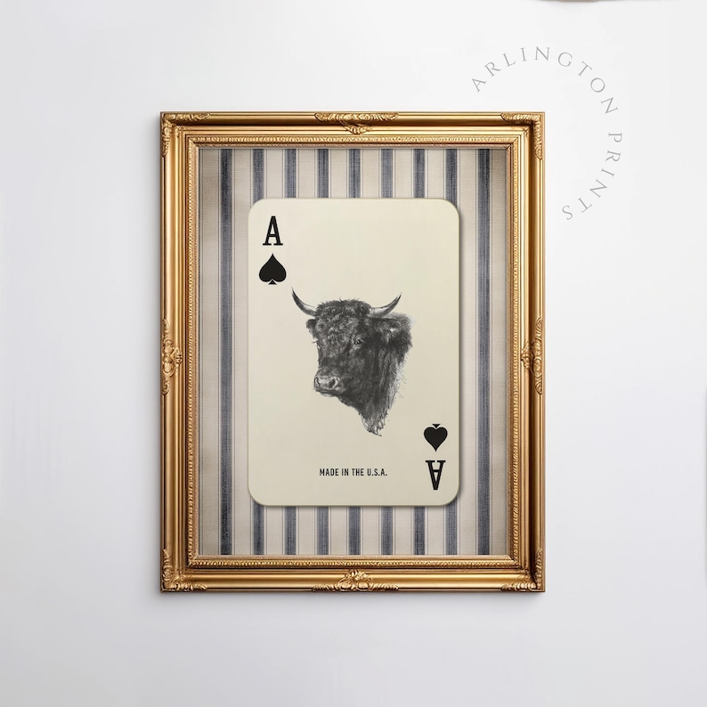 Downloadable western wall art featuring a black bull head inside an Ace of Spades playing card with “Made in the U.S.A.” text, styled with vintage country charm.