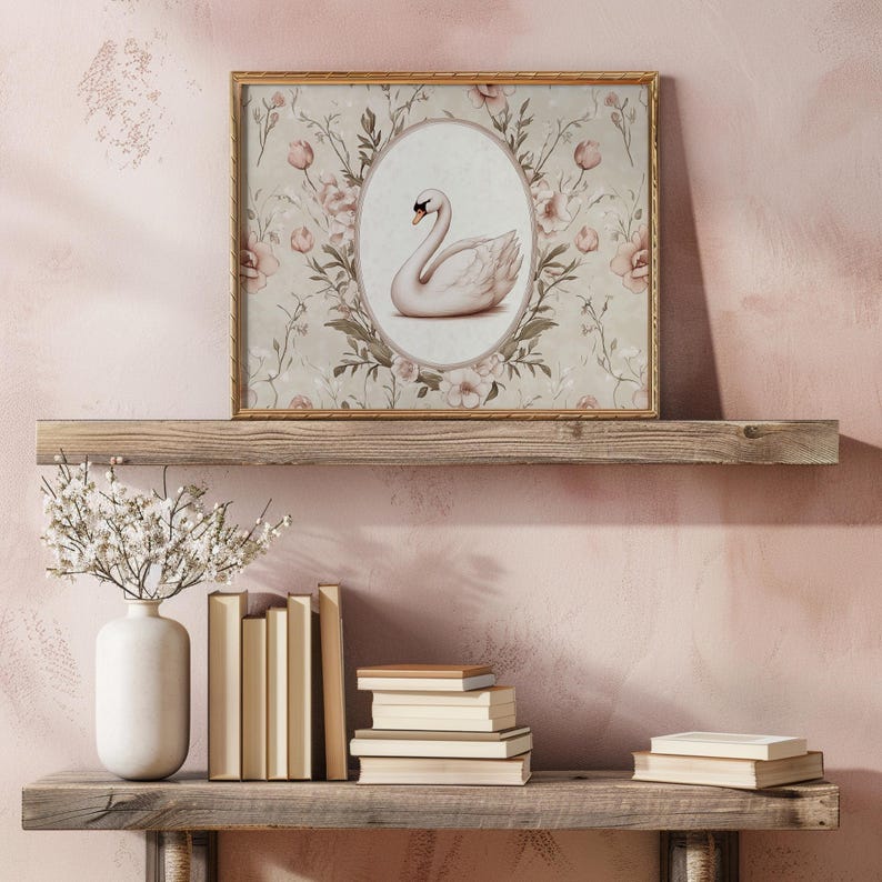 Vintage Pink Cottage Swan Art Print, PRINTABLE Floral Nursery Wall Art ...