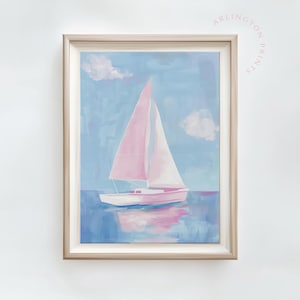 Pastel Pink Blue Sailboat Poster, Nautical Nursery Art, Coastal Summer Ocean Painting, Girls Nursery Printable Teen Girl's Room S05
