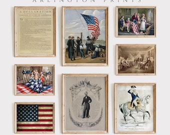 Pode incluir: Um conjunto de 8 estampas patrióticas americanas vintage em molduras de madeira. As estampas apresentam imagens da Declaração de Independência, da Proclamação de Emancipação, de George Washington e da bandeira americana.