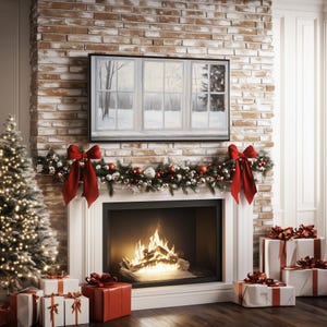 Samsung Frame TV art depicting a realistic painted window view of a serene winter landscape. Soft light filters through frosted glass panes, revealing snow-covered trees and a peaceful gray-and-white forest scene outside. The brushstrokes create a cozy, minimalist atmosphere perfect for modern farmhouse or winter home décor.