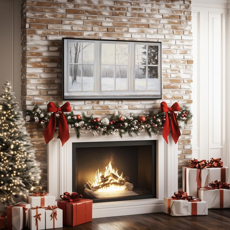 Samsung Frame TV art depicting a realistic painted window view of a serene winter landscape. Soft light filters through frosted glass panes, revealing snow-covered trees and a peaceful gray-and-white forest scene outside. The brushstrokes create a cozy, minimalist atmosphere perfect for modern farmhouse or winter home décor.