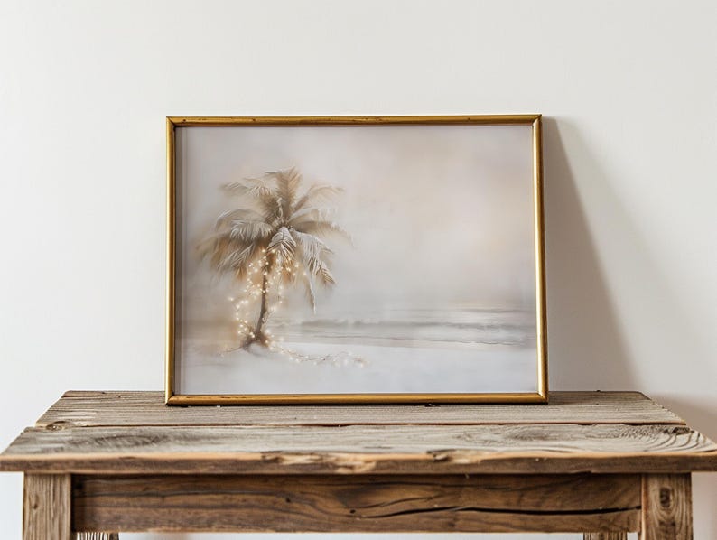 Vintage Christmas Palm Tree Painting, Winter Beach Cottage, Printable