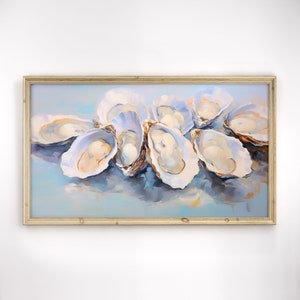 夏のフレーム テレビ アート | カキの殻の絵画 | 青のクール トーンの海景テレビ沿岸アート | カラフルなパステル テクスチャ アート ファイル デジタル ダウンロード
