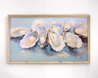 Summer Frame TV Art  | Oyster Shell Painting | Blue Cool Toned Seascape Tv Coastal Art | Colorful Pastel Textured Art File Digital Download