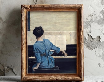ピアノを弾く女性のヴィンテージ絵画、音楽の壁アート、ガーリーな
