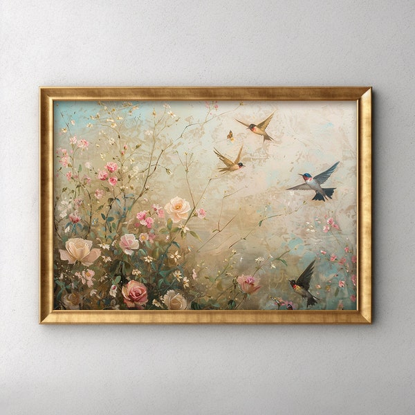 Spring Meadow Painting, Wildflower Field, Cottage Core, Bird Art, Oil Painting, Digital Download, Spring Home Decor