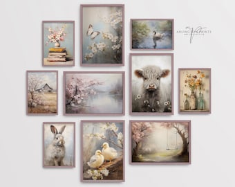 Gallery Wall Set of 15 Spring Art Prints, Rustic Country Wildflowers Wall Art, Soft Pastel Artwork, Farmhouse Decor, Instant Download, #G65