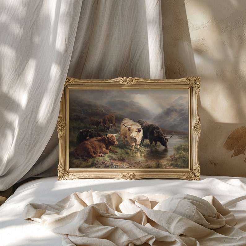 Highland Cow Painting, Scotland, Highland Cow Picture, Antique Oil Painting, Rustic Art, Instant Download, 19th Century Painting, Cow Art, William R C Watson, Scottish Highlands, Cow Painting, Vintage Art Print, Antique Landscape, Digital Download
