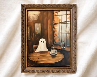 May include: A framed art print featuring a white ghost sitting at a round wooden table with a steaming cup of coffee. The scene is set in a room with brown walls, a window showing autumn foliage, and a small framed picture on the wall.