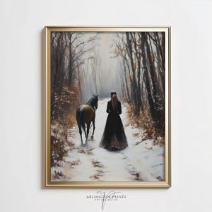 Impression d'art hiver rustique, art mural vintage sombre forêt enneigée imprimable, art femme victorienne, décoration de cabine, peinture gothique cottagecore | C44