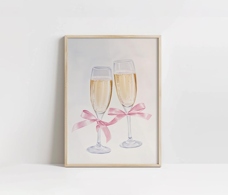 Two elegant champagne glasses filled with bubbly golden champagne, each tied with a soft pink satin ribbon, minimal neutral background, romantic celebration artwork