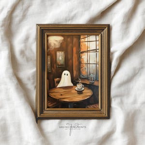 Funny Ghost Painting, Ghost in Coffee Shop, Printable Coffee Wall Art, Halloween Decor, Vintage Dark Academia, Coffee Bar Print