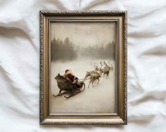 Puede incluir: Una impresión vintage enmarcada representa a Papá Noel en un trineo tirado por renos, sobre un fondo de bosque nevado. La obra de arte tiene una paleta de colores apagados con un marco dorado y ornamentado. El texto "ARLINGTON PRINTS ART COLLECTIVE" está en la parte superior.