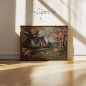Impressionist-style painting of a cozy white cottage surrounded by colorful autumn trees. The brushstrokes are bold and textured, with warm shades of orange, red, and yellow leaves contrasted against a dark blue-gray roof and a lush green lawn. The overall mood is peaceful and nostalgic, evoking a quiet fall day in the countryside.