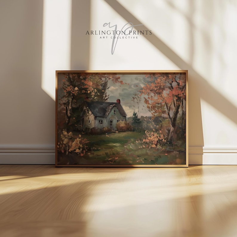 Impressionist-style painting of a cozy white cottage surrounded by colorful autumn trees. The brushstrokes are bold and textured, with warm shades of orange, red, and yellow leaves contrasted against a dark blue-gray roof and a lush green lawn. The overall mood is peaceful and nostalgic, evoking a quiet fall day in the countryside.