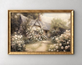 Vintage Cottage Painting, English Country, Rose Garden Wall Art, Oil Painting, Digital Download, Spring Home Decor