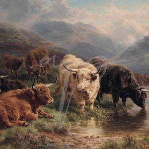 Highland Cow Painting, Scotland, Highland Cow Picture, Antique Oil Painting, Rustic Art, Instant Download, 19th Century Painting, Cow Art, William R C Watson, Scottish Highlands, Cow Painting, Vintage Art Print, Antique Landscape, Digital Download