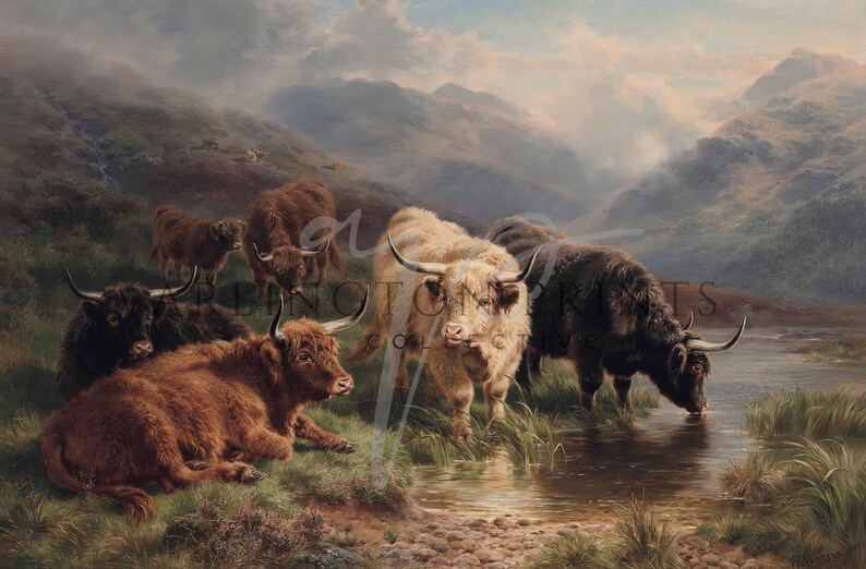 Highland Cow Painting, Scotland, Highland Cow Picture, Antique Oil Painting, Rustic Art, Instant Download, 19th Century Painting, Cow Art, William R C Watson, Scottish Highlands, Cow Painting, Vintage Art Print, Antique Landscape, Digital Download