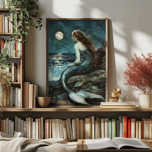 Mermaid Artwork, Fantasy Wall Art, Little Mermaid, Sky Oil Painting, Digital Download, Vintage Printable Art, Moon Painting, Ocean Art, John William Waterhouse Inspired, Moody Wall Art, Dark Landscape Painting, Mermaid Art Print, Arlington Prints