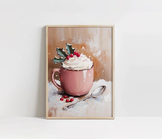Cozy Pink Winter Cocoa Painting, PRINTABLE Christmas Coffee Bar