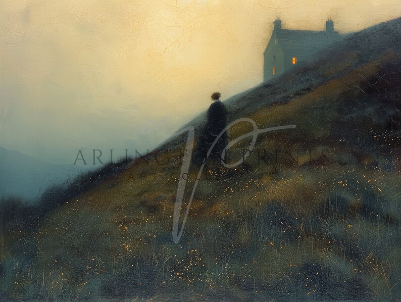 Gothic Art Print, Bronte Sisters, Jane Eyre Inspired, Dark Academia, Antique Wall Art, Vintage Gothic Art, Black Dress, Moody Wall Art, Dark Landscape, Wildflower Field, Dark Cottagecore, England, English Country, Instant Download, Digital Download