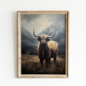 Antique Highland Cow, Printable Dark Aesthetic Art