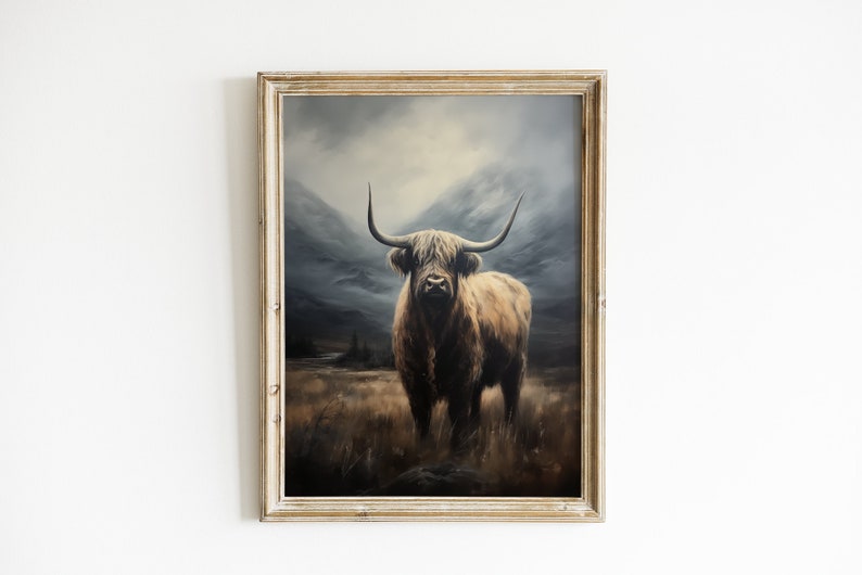 Antique Highland Cow, Printable Dark Aesthetic Art