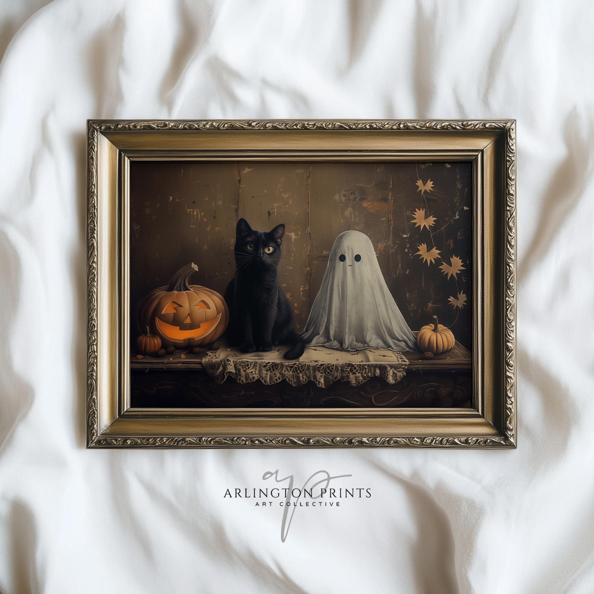 Halloween Wall Art | Cute Ghost And Black Cat | Printable Moody Autumn Wall Art | Vintage Halloween Card Illustration | Digital Download