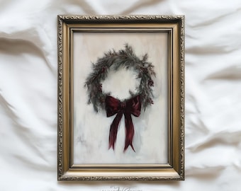 Vintage kerstkunst aan de muur, rustieke krans Art Print, humeurig winterdecor, afdrukbare seizoenskunst, beige feestelijke vakantie digitale kunst | P909
