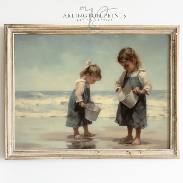 Children At Beach Printable Art | Vintage Beach Oil Painting | Summer Beach Decor | Children's Room Decor