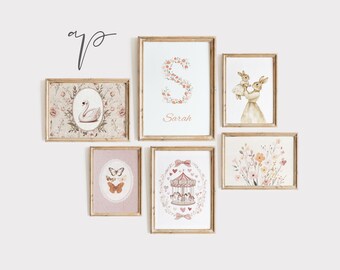 Láminas vintage para guardería de niñas, letrero con nombre personalizado para guardería, láminas de arte vintage rosa para guardería, láminas iniciales, arte caprichoso para guardería / TA82