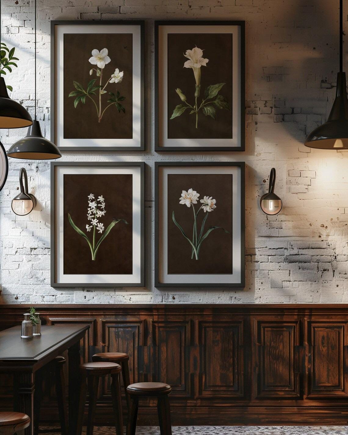 Moody Vintage Botanical Print Set of Four, Muted Floral Wall Art Prints ...