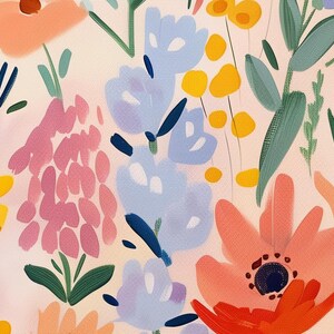 May include: Abstract floral pattern with pink, blue, and orange flowers on a cream background. The flowers are painted in a loose, brushstroke style.