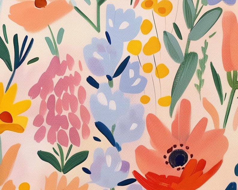 May include: Abstract floral pattern with pink, blue, and orange flowers on a cream background. The flowers are painted in a loose, brushstroke style.